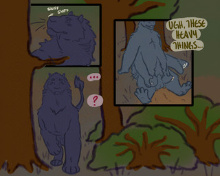 4_arms 4_eyes animal_genitalia balls bodily_fluids body_hair duo fangs forest forest_background genitals happy_trail lactating long_tail male milk multi_arm multi_eye multi_limb plant quadruped sheath sitting tail teats teeth text tree vulva whiskers muddymaggot francois_(r4wry) mauvit'fur du'wehyi comic english_text hi_res