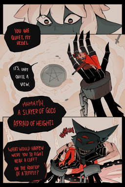 2_horns 3_eyes ambiguous_anthro ambiguous_gender anthro dialogue holding_character horn multi_eye red_eyes sharp_teeth speech_bubble talking_to_another teeth text aveloka cult_of_the_lamb massive_monster_(studio) lamb_(cult_of_the_lamb) the_one_who_waits bovid caprine domestic_cat felid feline felis mammal sheep 2025 2:3 comic digital_drawing_(artwork) digital_media_(artwork) english_text hi_res