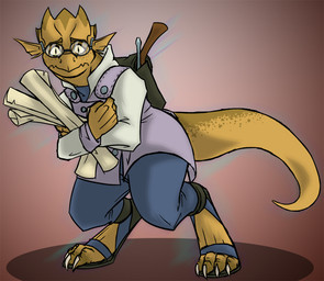 anthro backpack clothed clothing digitigrade eyewear female footwear glasses looking_at_viewer nervous sandals scales screwdriver scroll shoes solo tools yellow_body yellow_eyes yellow_scales disgracefull kobold scalie