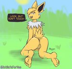 5_toes anthro anus barefoot breasts butt dialogue feet female foot_fetish foot_focus fur genitals hair humanoid_feet looking_at_viewer nipples nude open_mouth plantigrade pussy soles solo tail talking_to_viewer text toes yellow_body yellow_fur notsafeforvee nintendo pokemon eeveelution generation_1_pokemon jolteon mammal pokemon_(species) absurd_res digital_media_(artwork) english_text hi_res