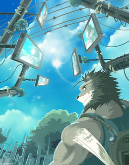 anthro bag be_seeing_you electronics male map plant solo television tree wood rybiok canid canine canis domestic_dog mammal