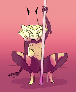 anthro breasts clothing dancing female footwear high_heels machine pole pole_dancing shoes simple_background solo thick_thighs herny my_life_as_a_teenage_robot nickelodeon vexus robot hi_res