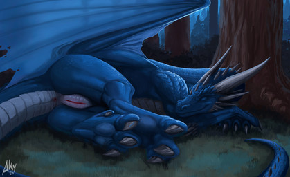 anus blue_body butt claws eyes_closed female female_feral feral forest genitals horn lying membrane_(anatomy) membranous_wings night on_side plant presenting presenting_hindquarters sleeping smile solo tail tree vulva wings aky conditional_dnp european_mythology inheritance_cycle mythology saphira dragon mythological_creature mythological_scalie reptile scalie western_dragon hi_res