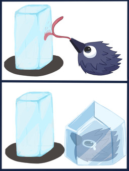 2_panel_comic ambiguous_gender beak blue_body blue_feathers bodily_fluids crying feathers feral frozen ice ice_cube licking long_tongue simple_background snowgrave solo tears tongue white_background paely_sub deltarune undertale_(series) avian bird kawkaw_(deltarune) waddling_head 2026 3:4 absurd_res comic digital_drawing_(artwork) digital_media_(artwork) hi_res japanese_description