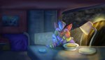 anthro bed bedroom clothed clothing eating food furniture lamp male planet poster science_fiction sitting solo space spacecraft star vehicle window ottmaw disney lilo_and_stitch daniel_ottmaw stitch_(lilo_and_stitch) hybrid hyena mammal mustelid otter 16:9 hi_res widescreen