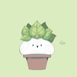 ambiguous_gender black_eyes cosplay green_background leaf plant plant_pot simple_background smile smiley_face solo lightmizano kirby_(series) kirby_star_allies nintendo leaf_kirby void_termina waddling_head 1:1 hi_res