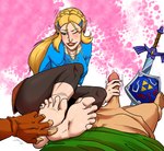 5_toes barefoot blonde_hair duo feet female foot_focus genitals hair handjob humanoid_feet humanoid_pointy_ears male melee_weapon not_furry one_eye_closed penile penis plantigrade pointy_ears sex shield soles sword toes weapon dr-random-art nintendo the_legend_of_zelda link princess_zelda humanoid hylian absurd_res hi_res