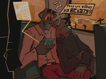 5_fingers anthro belt biped black_clothing black_eyes black_shirt black_topwear bottomwear carrying_another cellphone clothed clothing cloud collared_shirt dress_shirt duo_focus ears_down electronics eyebrows eyes_closed fangs fingernails fingers floating_eyebrows fully_clothed group hand_on_leg holding_cellphone holding_object holding_phone inside inside_train leaning_on_another male male/male nails on_shoulder orange_sclera pants phone pink_clothing pink_shirt pink_topwear pivoted_ears power_lines question_mark red_bottomwear red_clothing red_pants shirt silhouette sky skyscape teeth thick_eyebrows topwear train trio underlined_text vehicle worried dracks flip_(dracks) felid mammal pantherine unknown_species 2025 digital_drawing_(artwork) digital_media_(artwork) hi_res