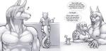 anthro barefoot beverage biceps clothed clothing dialogue duo feet food fur hair long_hair male muscular nipple_piercing nipples pecs piercing rear_view shirt sitting size_difference speech_bubble tail text topless topwear kalnareff mythology kalnareff_(character) meade canid canine dragon mammal mythological_creature mythological_scalie scalie 2014 comic english_text monochrome