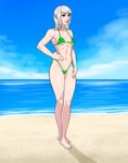 athletic athletic_female barefoot bikini black_eyes breasts clothing feet female hair navel nipple_outline solo swimwear thick_thighs two-piece_swimsuit under_boob white_hair rye_muro warhammer_(franchise) warhammer_fantasy kerillian elf humanoid wood_elf absurd_res hi_res