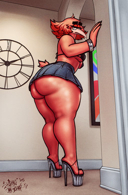 anthro beak big_butt bikini bottomwear bracelet breasts butt clothed clothing eyebrows feathers female footwear half-closed_eyes high_heels huge_thighs inside jewelry narrowed_eyes non-mammal_breasts pink_body pink_feathers platform_footwear platform_heels shoes skirt small_waist solo swimwear thick_thighs two-piece_swimsuit sligarthetiger dot_(sssonic2) avian bird 2025 hi_res signature