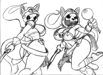 animal_skull anthro armor big_breasts big_butt bikini_armor bone bottomwear breasts butt butt_pose cleavage clothed clothing dagger duo female huge_breasts legwear loincloth looking_back melee_weapon pauldron pose rear_view side_boob skeleton skimpy skull skull_head thick_thighs unconvincing_armor weapon wide_hips chochi felid feline mammal undead 2022 absurd_res black_and_white graphite_(artwork) hi_res monochrome sketch traditional_media_(artwork)