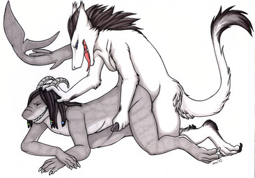 all_fours anal anthro anthro_on_anthro doggystyle dreadlocks duo erection eyes_closed from_behind_position genitals hair hair_grab handjob horn interspecies male male/male male_penetrated male_penetrating male_penetrating_male nude penetration penile penis raised_tail reach_around sex side_view simple_background smile tail tongue touching_hair white_background noktivus akula_(godzuki) tyeh'na aquatic fish mammal sergal shark
