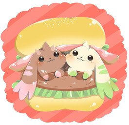:3 anthro beady_eyes brown_body brown_fur burger chibi duo food fur horn long_ears smile white_body white_fur bunbukukinako bandai_namco digimon digimon_(species) lagomorph leporid lopmon mammal rabbit terriermon
