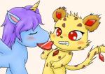 blue_body blue_fur blush duo eyes_closed female feral fur hair horn jewelry male purple_hair red_eyes simple_background spots white_background wings young young_feral ippan-jin jewelpet mythology sanrio sega sega_fave jasper_(jewelpet) opal_(jewelpet) cheetah equid equine felid feline mammal mythological_creature mythological_equine winged_unicorn