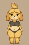 anthro big_breasts blush bodily_fluids breasts clothed clothing female female_anthro fur hair looking_at_viewer nipple_outline short_stack simple_background solo standing sweat tail thick_thighs wide_hips yellow_body yellow_fur keelpowah animal_crossing nintendo isabelle_(animal_crossing) canid canine canis domestic_dog mammal shih_tzu toy_dog 2025 digital_media_(artwork) hi_res