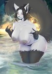 5_fingers anthro anthrofied areola arm_tuft big_breasts black_body black_fur black_hair black_inner_ear black_nose black_pubes black_tail breasts claws curvy_figure detailed_background ear_piercing ear_ring female fingers fluffy fluffy_tail fur genitals grey_areola grey_body grey_fur grey_nipples hair hot_spring huge_breasts leaning leaning_forward leg_tuft lips looking_at_viewer mature_anthro mature_female nails nipples nude partially_submerged piercing pokemorph ponytail presenting presenting_breasts pubes pussy red_eyes ring_piercing seductive sharp_teeth slightly_chubby smile solo standing steam suggestive tail teeth thick_bottom_lip thick_thighs thigh_tuft tuft voluptuous water wide_hips yellow_sclera kecombat nintendo pokemon milfyena canid generation_3_pokemon mammal mightyena pokemon_(species) 2023 digital_media_(artwork)