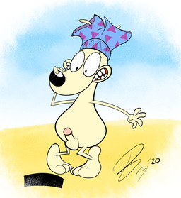 anthro balls censor_bar clothing embarrassed erection fur genitals humanoid_genitalia humanoid_penis looking_down male nude penis physical_censor_bar solo swimming_trunks swimwear tan_body tan_fur teeth squirrelfromthesouth nickelodeon rocko's_modern_life rocko_rama macropod mammal marsupial wallaby