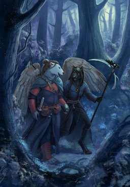 anthro biped boots cape clothed clothing detailed_background digitigrade duo eye_contact feathered_wings feathers female footwear fur hair holding_object holding_weapon long_hair looking_at_another melee_weapon open_mouth outside plant polearm scythe shoes sword tree weapon wings skitalets bear canid canine mammal ursine hi_res