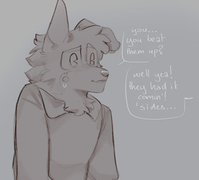 anthro bodily_fluids clothing collared_shirt freckles male markings mole_(marking) offscreen_character one_ear_up pie_cut_eyes shirt solo sweat sweater talking_to_another text topwear worried young cerberussenn louie_sweeto_(cerberussenn) canid canine canis mammal wolf english_text monochrome sepia sketch