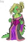 4_fingers anthro blonde_hair breasts cleavage clothed clothing female fingers fist green_body hair non-mammal_breasts red_eyes simple_background solo white_background avencri cela crocodile crocodilian reptile scalie