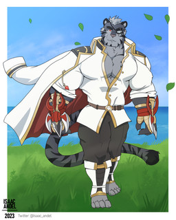 anthro armor barazoku biped black_body black_fur claws day eye_patch eyewear feet feline_tail finger_claws fingers front_view fur grass grey_body grey_fur grey_hair hair humanoid_feet humanoid_hands leaf long_tail looking_at_viewer male markings muscular muscular_anthro muscular_arms muscular_male outside plant plantigrade red_eyes scar short_hair sky solo standing striped_markings stripes tail text toe_claws toes water isaac_andel felid mammal pantherine tiger 2023 4:5 artist_name colored full-length_portrait hi_res portrait