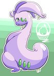 ambiguous_gender antennae_(anatomy) anthro bottom_heavy curled_tail green_eyes half-closed_eyes long_neck looking_back narrowed_eyes purple_body rear_view slightly_chubby slime solo standing tail basket_of_pears mythology nintendo pokemon dragon generation_6_pokemon goodra mythological_creature mythological_scalie pokemon_(species) scalie