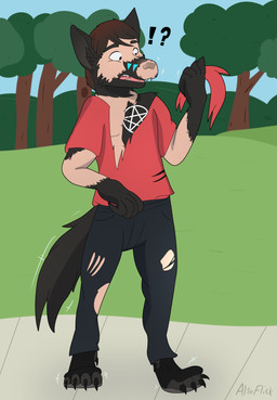 4_toes clothed clothing feet forest human_to_anthro interrobang male outside plant sidewalk solo species_transformation toes torn_clothing transformation tree alsoflick canid canine canis human mammal wolf 2019 absurd_res hi_res