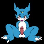 balls blep blue_body blush claws countershading erection genitals horn humanoid_genitalia humanoid_penis looking_at_viewer male penis simple_background sitting solo spread_legs spreading toe_claws tongue tongue_out transparent_background vee_stitch bandai_namco digimon digimon_(species) veemon 1:1 alpha_channel