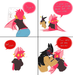 4_panel_comic anthro bat_wings black_eyebrows black_hair black_sclera bottomwear clothing denim denim_bottomwear denim_clothing duo ear_piercing eye_contact eyebrows female fur hair hand_on_head hypnosis hypnotic_eyes jeans looking_at_another membrane_(anatomy) membranous_wings mind_control pants piercing pink_body pink_fur purple_body red_eyes ringed_eyes shirt sigh snow sweater t-shirt text topwear window wings yellow_sclera averyshadydolphin mythology vixie_(averyshadydolphin) yaojou bat dragon jou mammal mythological_creature mythological_scalie scalie 2016 comic digital_drawing_(artwork) digital_media_(artwork) english_text hi_res unavailable_at_source