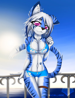 anthro big_breasts blue_body blue_fur breasts clothed clothing female fur legband red_eyes skimpy solo sun tail tattoo thigh_gap thighband macmegagerc felid mammal