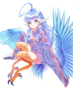 ahoge asian_clothing avian_feet blue_body blue_eyes blue_feathers blue_hair clothed clothed_female clothing east_asian_clothing feathered_ears feathers female hair japanese_clothing kimono light_body light_skin long_hair pointy_ears simple_background solo white_background wings jade_hpy european_mythology greek_mythology mythology avian harpy mythological_avian mythological_creature hi_res