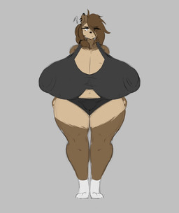 anthro big_breasts breasts brown_body brown_fur brown_hair clothed clothing ear_piercing female footwear fur green_eyes grey_background hair huge_breasts hyper hyper_breasts looking_at_viewer piercing simple_background socks solo thick_thighs white_clothing white_footwear white_socks wide_hips thelazydreamer tenna_cale bear mammal 2026 hi_res
