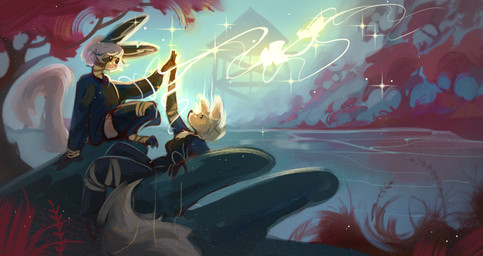 anthro bandage bandaged_arm bandaged_foot bandaged_hand bandaged_leg black_body black_fur branch breasts clothed clothing detailed_background duo female fluffy fluffy_tail fog fur glowing hands_together hoodie lake larger_female leaf legwear light looking_at_another lying magic male multicolored_body multicolored_fur paws plant reaching red_eyes sitting size_difference smaller_male sparkles tail text thigh_highs topwear tree two_tone_body two_tone_fur water white_body white_eyes white_fur littleclown the_backrooms hope_(anunusedaccount) ori_(sinnerpen) arthropod butterfly canid canine canis insect lagomorph lepidopteran leporid mammal rabbit wolf absurd_res english_text hi_res huge_filesize
