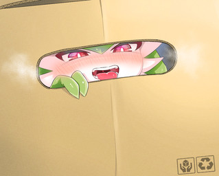 ambiguous_gender aroused bedroom_eyes blush blush_lines box breath cardboard cardboard_box container glistening green_hair green_markings hair long_hair markings narrowed_eyes open_mouth panting red_eyes seductive solo tongue tongue_out white_body wide_eyed ddingyong nintendo pokemon gardevoir generation_3_pokemon humanoid mammal pokemon_(species) digital_drawing_(artwork) digital_media_(artwork)