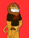 clothed clothing male pantsless pose red_background shirt simple_background solo topwear artworkdeimos d.a.r.e. daren_the_lion felid humanoid lion mammal pantherine 3:4 absurd_res hi_res