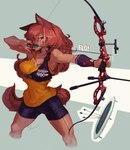 arrow_(weapon) bottomwear bow_(weapon) breasts chest_fur clothing female fur hair pink_body pink_fur purple_eyes ranged_weapon red_body red_fur red_hair shorts solo target_practice weapon hideki_kaneda canid canine canis mammal hi_res