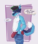 anthro big_bulge blue_body blue_fur briefs bulge butt clothed clothing dialogue dialogue_box duo flirting frustrated fur male partially_clothed raised_tail solo speech_bubble tail text tight_briefs tight_clothing tight_underwear topless underwear katxfish meme_clothing tight_pants_(meme) katxlogan canid canine canis mammal wolf absurd_res english_text hi_res meme