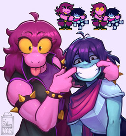 5_fingers ambiguous_gender ambiguous_human anthro armband armor belt black_clothing black_jacket black_topwear blue_body blue_skin bracelet breasts clothing duo female fingers freckles hair jacket jewelry pink_body pink_scales purple_clothing purple_hair purple_shirt purple_topwear scales shirt smile spiked_armband spiked_bracelet spikes tongue tongue_out topwear white_clothing white_shirt white_topwear silverlyon2 deltarune undertale_(series) kris_dreemurr susie_(deltarune) human mammal scalie 2025 english_description hi_res reference_image