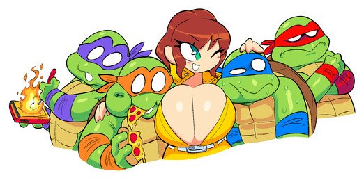 anthro armband belt big_breasts blush bodily_fluids breast_squish breasts brown_hair bulging_breasts cleavage clothed clothing crossed_arms eating eating_food electronics eyelashes female fire food glistening glistening_breasts green_body green_eyes group group_hug hair hand_on_head hand_on_shoulder hug huge_breasts hugging_another light_body light_skin male mask no_pupils one_eye_closed pizza screwdriver shell simple_background squish sweat tools turtle_shell white_background yellow_jumpsuit theguywhodrawsalot teenage_mutant_ninja_turtles april_o'neil donatello_(tmnt) leonardo_(tmnt) michelangelo_(tmnt) raphael_(tmnt) human mammal reptile scalie turtle half-length_portrait hi_res portrait