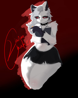 big_breasts blush breasts butt clothed clothing female fur hair looking_at_viewer simple_background solo text lixiaochake hellaverse helluva_boss loona_(helluva_boss) animal_humanoid canid canine humanoid mammal hi_res