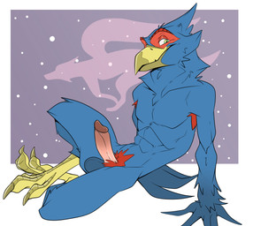 anthro armpit_hair athletic athletic_anthro athletic_male avian_feet balls beak blue_body blue_feathers body_hair claws erection feather_hands feathers genitals green_eyes humanoid_genitalia humanoid_penis looking_at_viewer male nude_male penis pubes red_pubes slim_male smile solo toe_claws dragondrawer nintendo star_fox falco_lombardi avian bird absurd_res hi_res