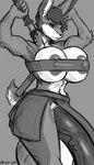 absurd_res anthro areola balls barely_contained big_balls big_breasts big_penis bra breasts clothed clothing dr._welps genitals gynomorph hi_res huge_balls huge_breasts huge_penis hyper hyper_balls hyper_breasts hyper_genitalia hyper_penis intersex melee_weapon monochrome penis side_skirt skimpy solo sword topwear tube_top underwear weapon xensilver