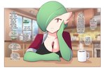 beverage big_breasts black_clothing black_shirt black_topwear breasts cleavage clothed clothing coffee coffee_mug dialogue female green_hair hair hair_over_eye hand_on_face inside jacket looking_at_viewer not_furry offscreen_character one_eye_obstructed orange_eyes red_clothing red_jacket red_topwear shirt solo speech_bubble text topwear saltyxodium nintendo pokemon hornyvoir gardevoir generation_3_pokemon pokemon_(species) 2021 absurd_res digital_media_(artwork) english_text hi_res