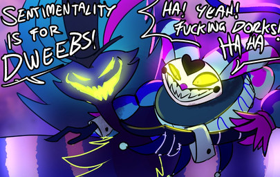 abstract_background clothed clothing cuffs_(clothing) dialogue duo empty_eyes gesture glowing glowing_eyes glowing_mouth green_eyes hand_gesture hat headgear headwear jester male pointing sharp_teeth smile suit teeth text devilsroost hellaverse helluva_boss asmodeus_(helluva_boss) fizzarolli_(helluva_boss) demon humanoid imp english_text