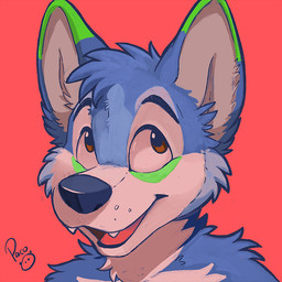 anthro arm_tuft blue_body blue_fur blue_nose brown_eyes cheek_tuft dipstick_ears ear_markings facial_markings facial_tuft fangs front_view fur green_markings head_markings head_tuft logo male markings multicolored_ears nude open_mouth open_smile red_background red_tongue shoulder_tuft simple_background smile solo teeth tongue tuft white_body white_fur young young_anthro young_male pandapaco shocker_the_husky canid canine mammal 1:1 artist_logo bust_portrait portrait signature