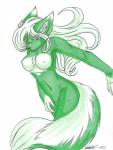 anthro biped breasts female fluffy fur green_body green_eyes green_fur green_skin hair long_hair looking_at_viewer nipples nude solo standing white_hair koshkio canid canine canis domestic_dog fox mammal jade_(disambiguation) hi_res