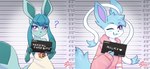 ambiguous_gender anthro biped blue_body blush clothed clothing duo one_eye_closed purple_eyes question_mark smile smiling_at_viewer text white_body toxicmilkyx barbie_(film) barbie_and_ken_mugshot_meme nintendo pokemon krystal_frostbite milk_the_sylveon_(toxicmilkyx) eeveelution generation_4_pokemon generation_6_pokemon glaceon pokemon_(species) shiny_pokemon sylveon english_text trans_(lore) trans_man_(lore)