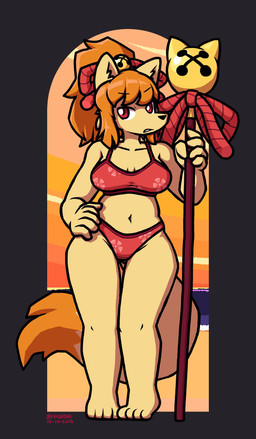 5_fingers accessory anthro barefoot bell bikini bow_ribbon breasts cherry_blossom clothing curvy_figure feet female fingers flower fluffy fluffy_tail footwear hair_accessory hair_bow hair_ribbon hourglass_figure inner_ear_fluff knock-kneed navel plant pointy_ears prick_ears prunus_(flower) red_eyes ribbons shoes snout solo staff swimwear tail thick_thighs tuft two-piece_swimsuit frigadae undertale_(series) undertale_yellow ceroba_ketsukane canid canine fox mammal absurd_res hi_res