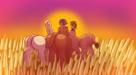 ambiguous_gender big_butt black_hair blonde_hair breasts brown_hair butt dark_body dark_skin digitigrade grass group hair light_body light_skin long_feet looking_at_another monotone_body nude plant rear_view savanna sky small_breasts sunset tail tail_tuft text thick_thighs trio tuft wide_hips psychpsyo animal_humanoid human_taur humanoid humanoid_taur mammal taur digital_drawing_(artwork) digital_media_(artwork) hi_res signature